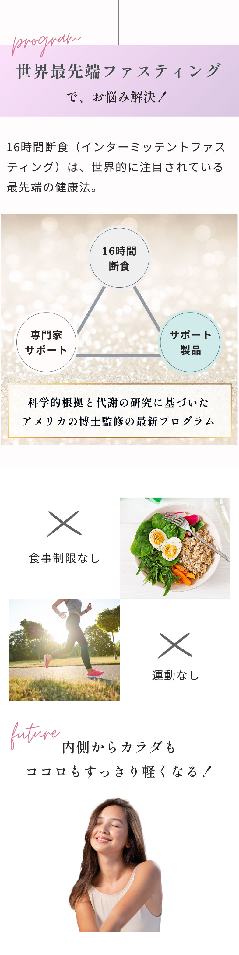 世界最先端ファスティングで、お悩み解決！ 16時間断食（インターミッテントファスティング）は、世界的に注目されている最先端の健康法。科学的根拠と代謝の研究に基づいたアメリカの博士監修の最新プログラム 内側からカラダもココロもすっきり軽くなる！