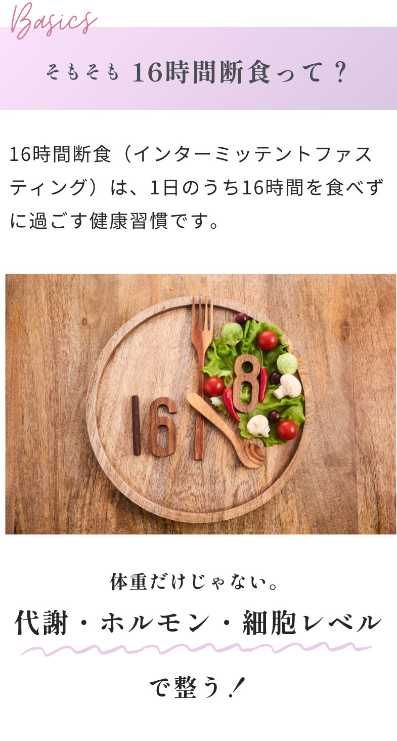 そもそも16時間断食って？16時間断食（インターミッテントファスティング）は、1日のうち16時間を食べずに過ごす健康習慣です。体重だけじゃない。代謝・ホルモン・細胞レベルで整う！
