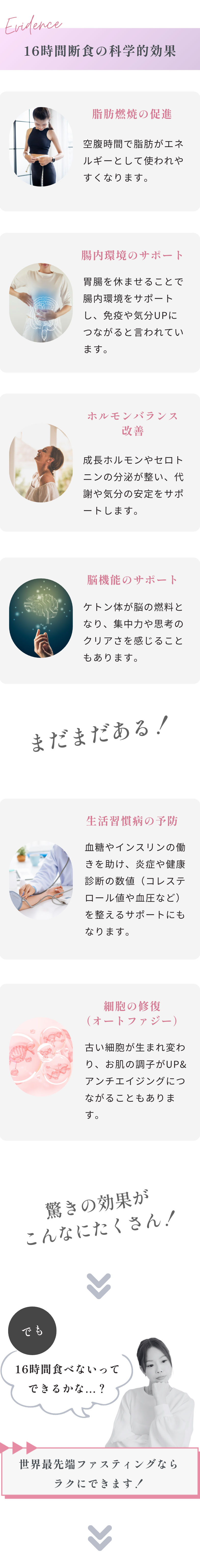 16時間断食の科学的効果！脂肪燃焼の促進 / 腸内環境のサポート / ホルモンバランス改善 / 脳機能のサポート / 生活習慣病の予防 / 細胞の修復（オートファジー）