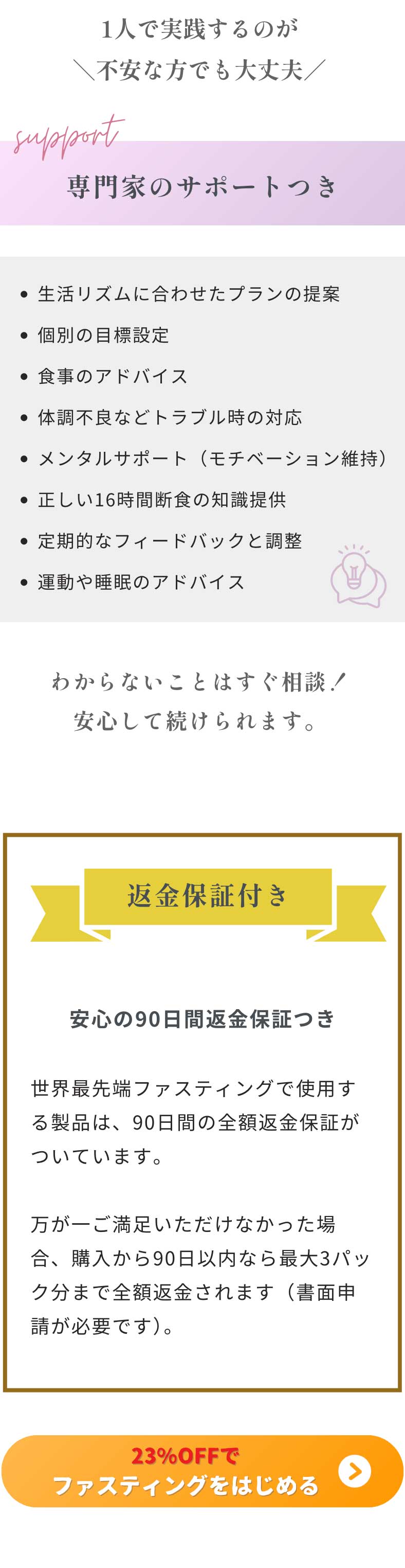 1人で実践するのが不安な方でも大丈夫！専門家のサポートつき・生活リズムに合わせたプランの提案・個別の目標設定・食事のアドバイス・体調不良などトラブル時の対応・メンタルサポート（モチベーション維持）・正しい16時間断食の知識提供・定期的なフィードバックと調整・運動や睡眠のアドバイス わからないことはすぐ相談！安心して続けられます。安心の90日間返金保証つき 世界最先端ファスティングで使用する製品は、90日間の全額返金保証がついています。万が一ご満足いただけなかった場合、購入から90日以内なら最大3パック分まで全額返金されます（書面申請が必要です）。